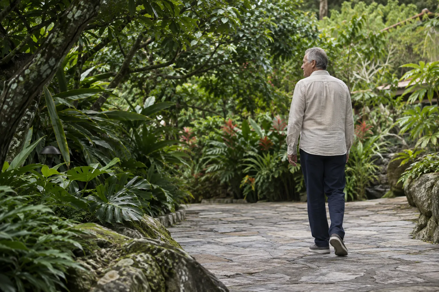 An older adult taking an unhurried walk through a tropical garden; illustrative image
